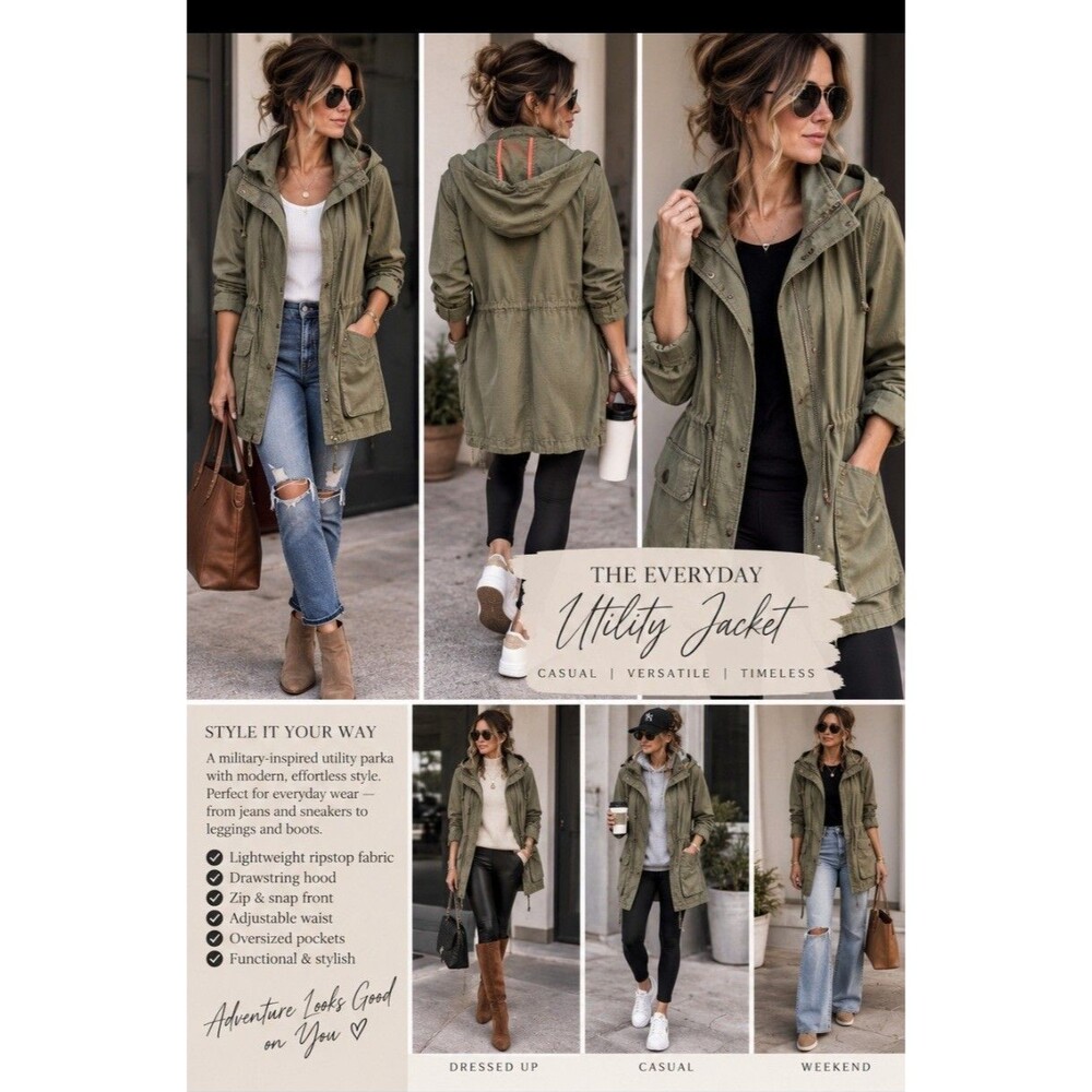 Women's Olive Green Utility Anorak Parka Jacket Hooded Cargo Pockets Drawstring